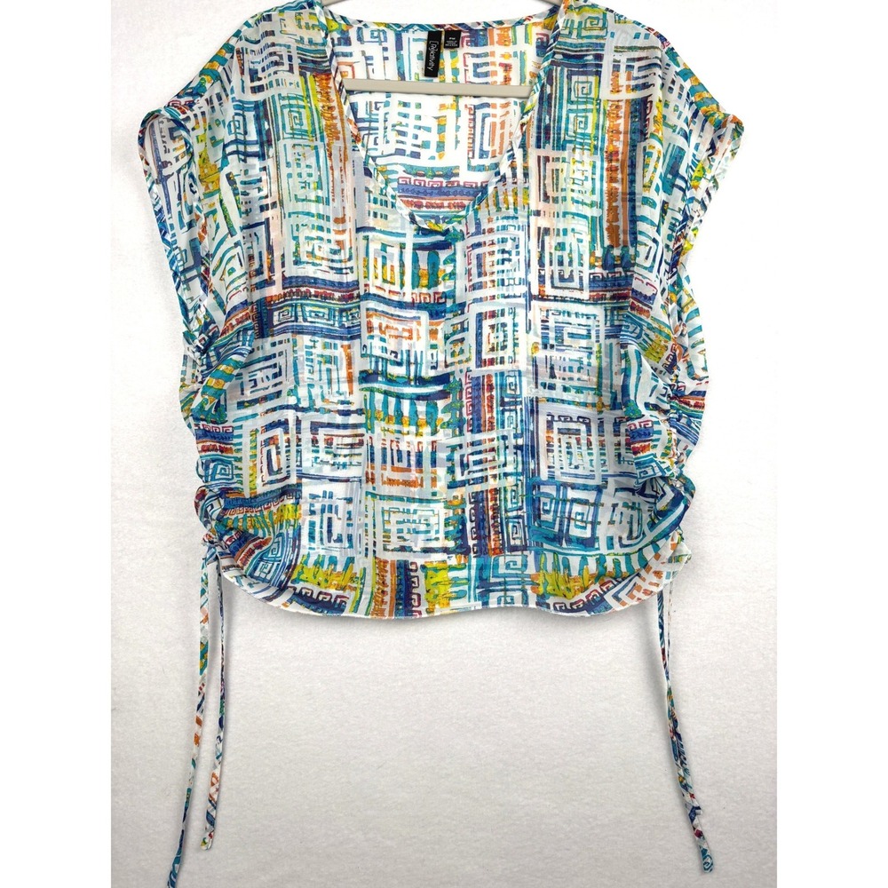 Relativity Blouse Womens PM Petite Geometric Ruched Drawstring V-Neck